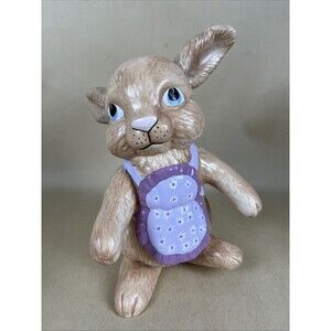 VTG Signed DAG 92 Ceramic Hand Painted Easter Bunny w/a Purple Apron Rabbit 8”‎